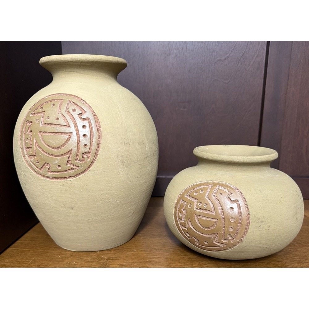 Pair (2) Pottery Vases Carved Tribal Medallion Earth Tone Rustic Southwest Decor